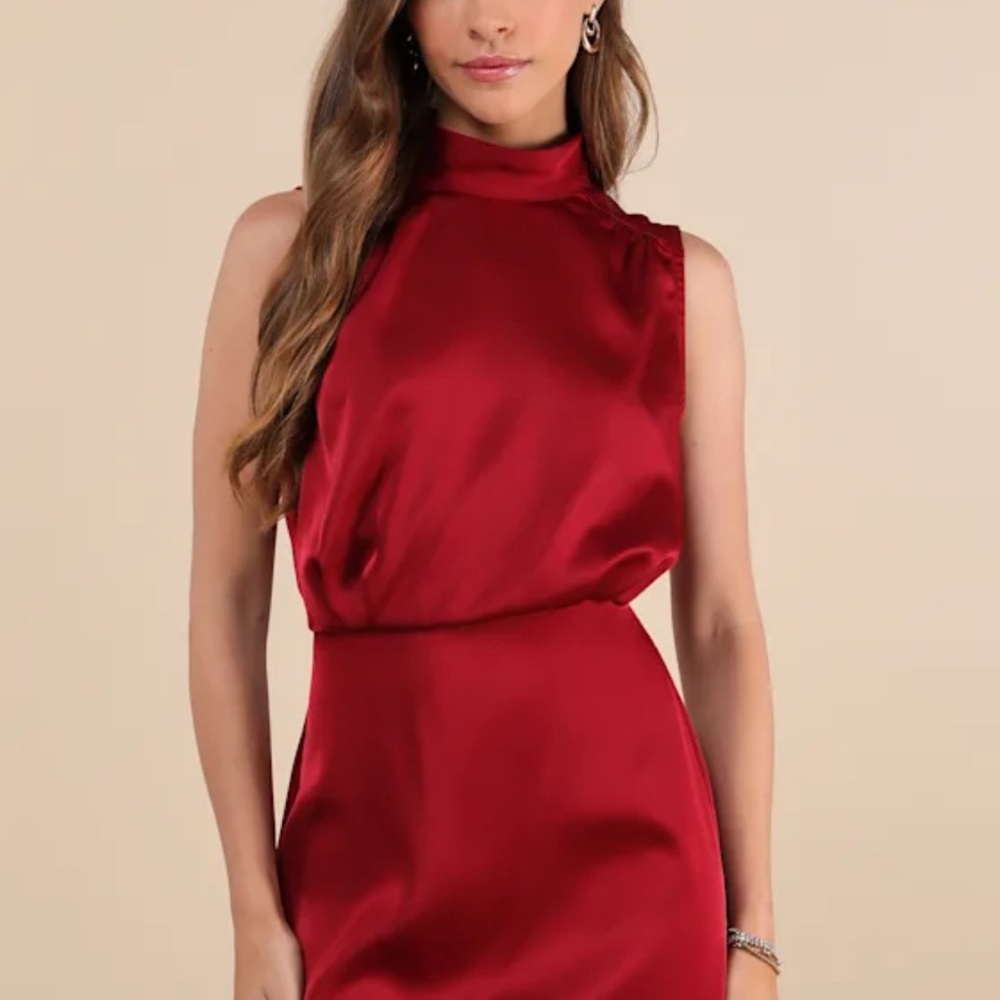 Lulu's Classic Elegance Wine Red Satin Sleeveless Mock Neck Mini Dress